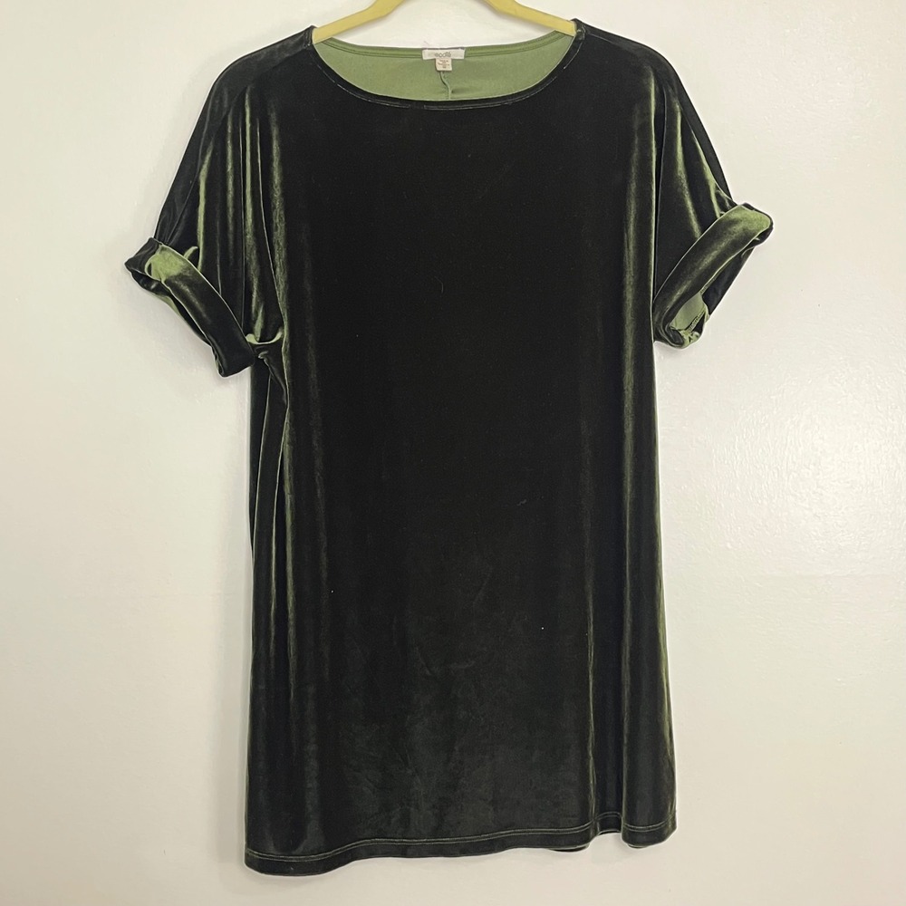 Ecote Olive Green Velvet Tunic Dress Short Sleeve Made in USA‎ Size S
